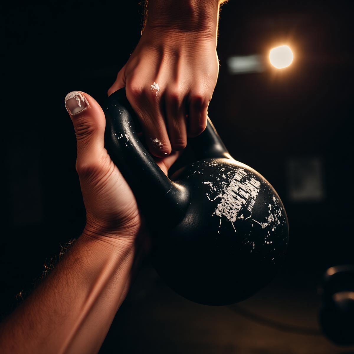 Chalked hands gripping a kettlebell