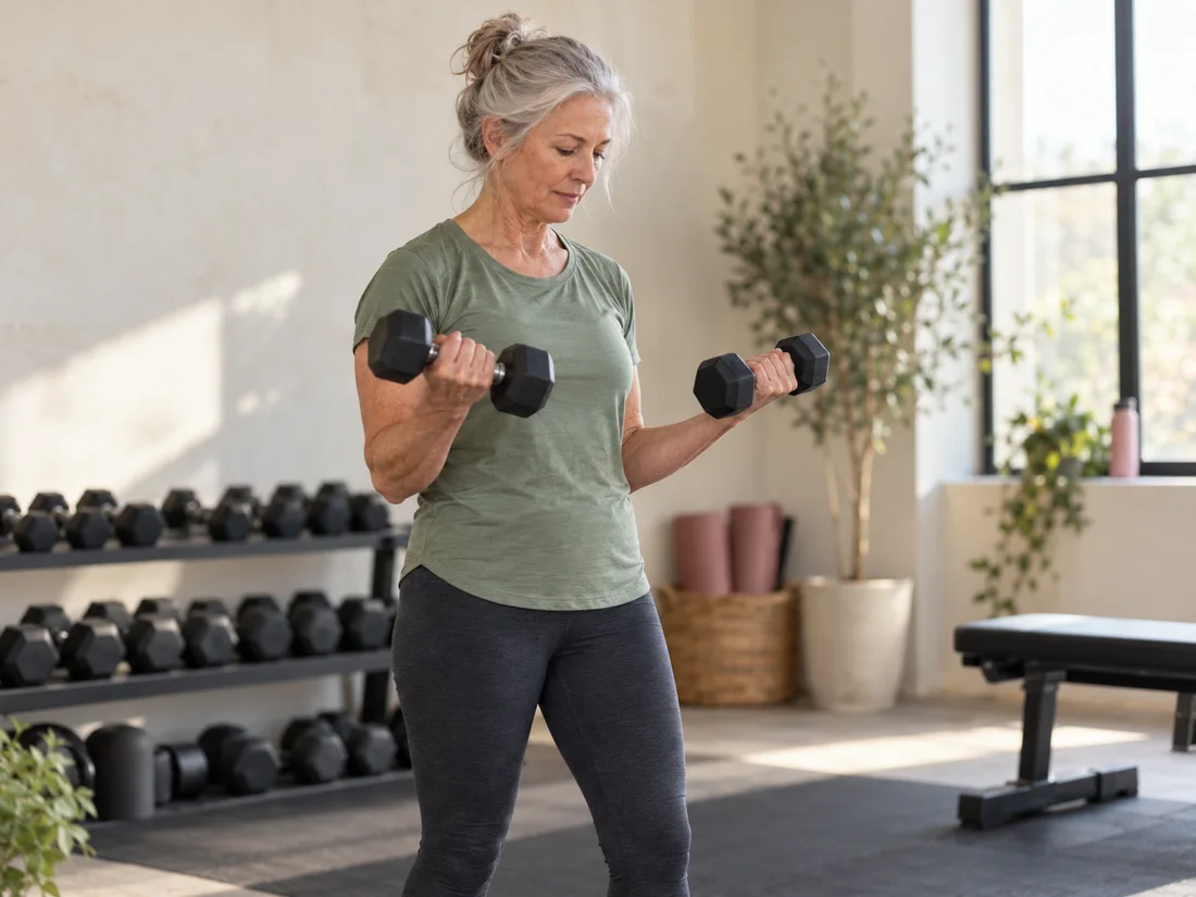 An older woman strength training with dumbbells in a light, airy gym